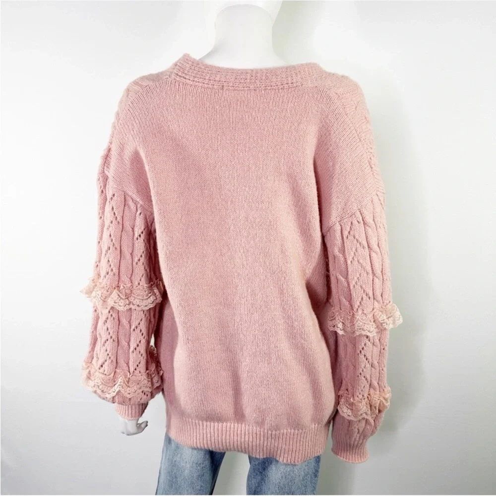 Romwe Kawaii Pink Cable Knit Lace Pearl Button Down Sweater Cardigan S - Picture 6 of 12